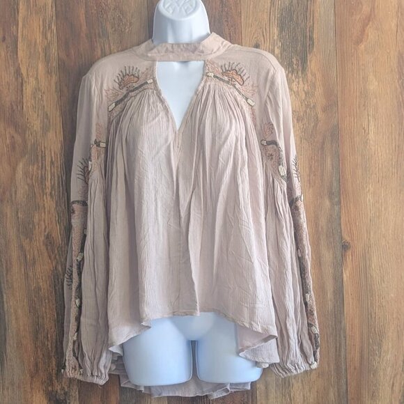 Free People Tops - Free People Beige Beaded Tunic Deep V Cutout Mockneck BoHo Blouse S